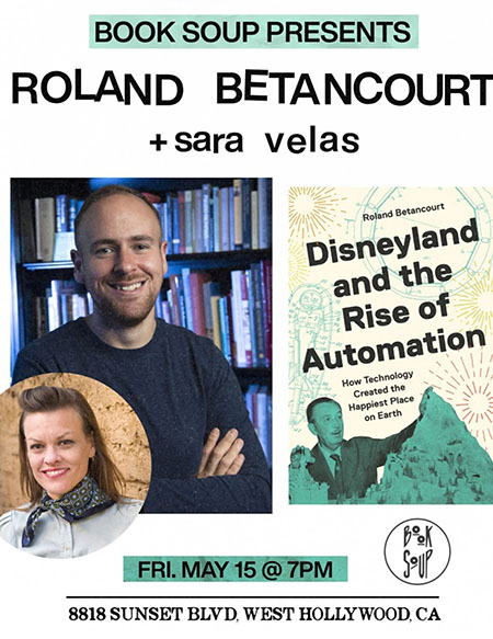 colorful flyer for talk with Roland Betancourt and Sara Velas at book soup