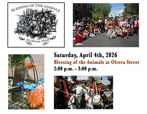 Blessing of the animals image with birds, goats and folks